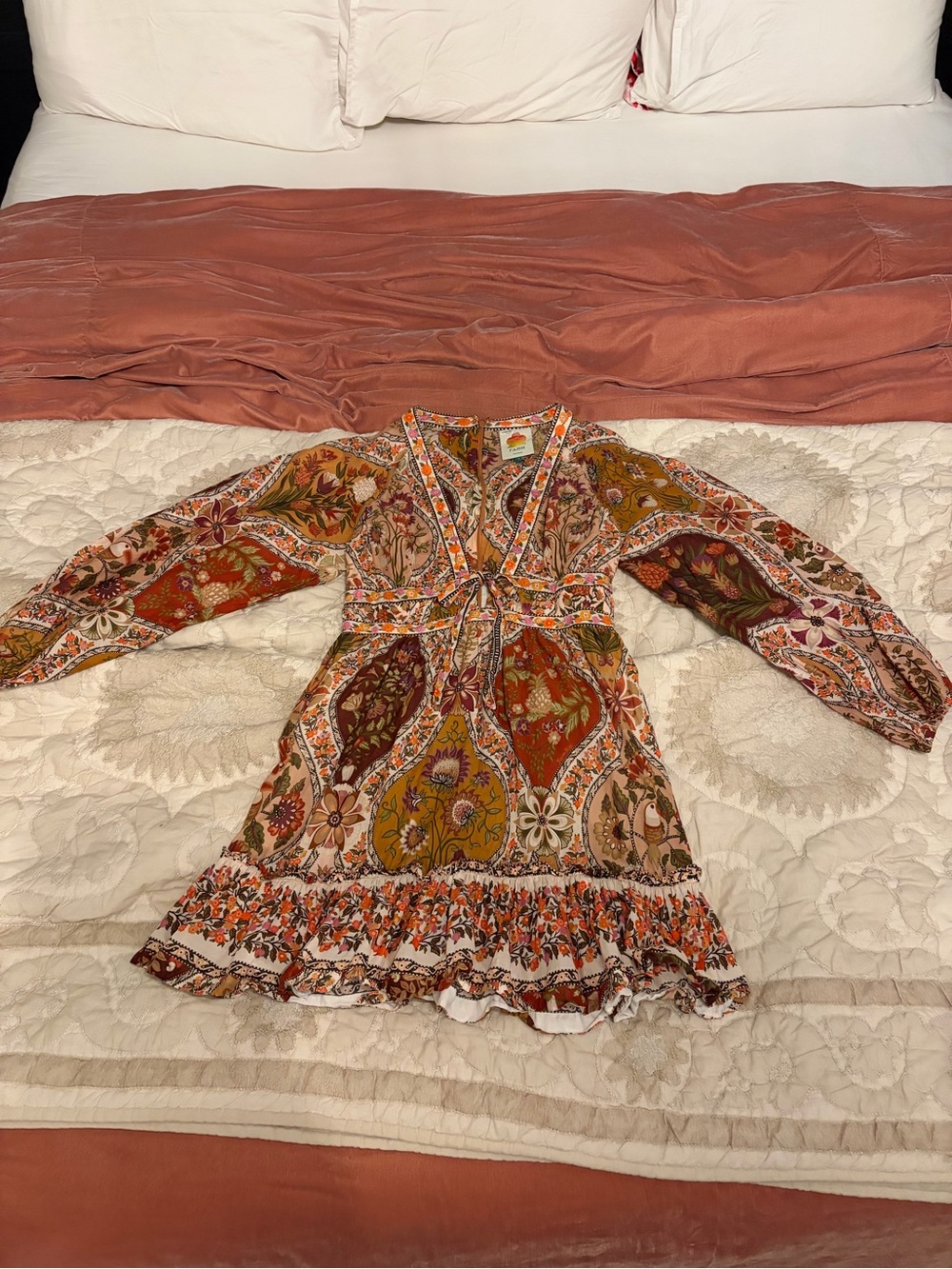 FARM Rio Multi-Color Boho Mini Dress with Puff Sleeves - Picture 2 of 7